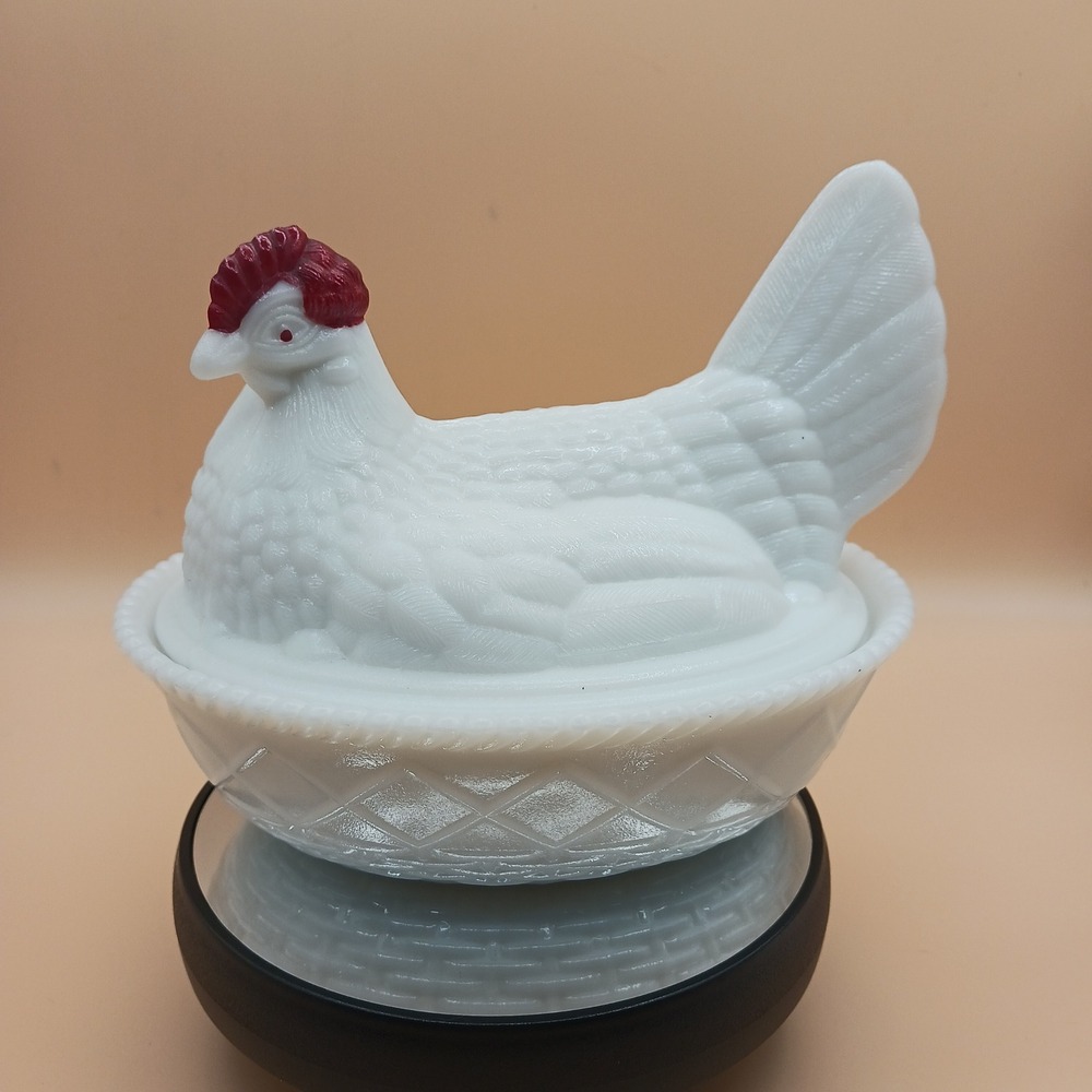 Westmoreland Vintage Milk Glass Hen on Nest Red Comb Basketweave Covered Dish